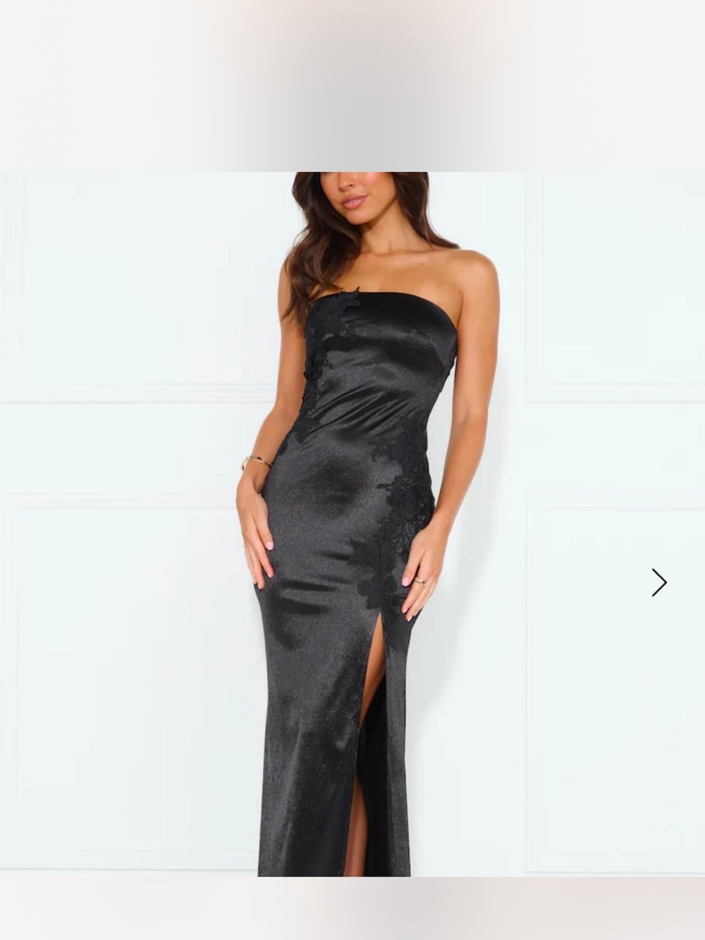 Hello Molly Black Strapless Satin Maxi Dress with Side Lace Detail